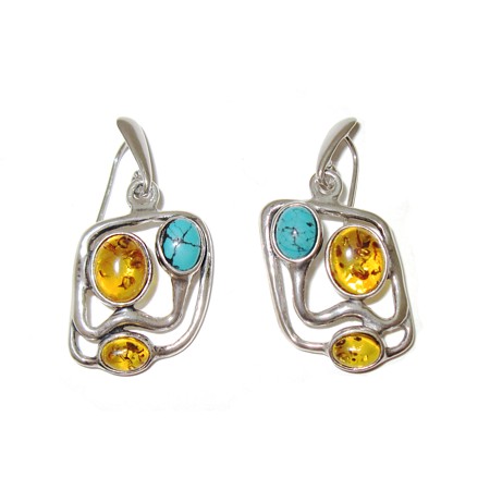 Amber and Turquoise Openwork Square Earrings - Click Image to Close